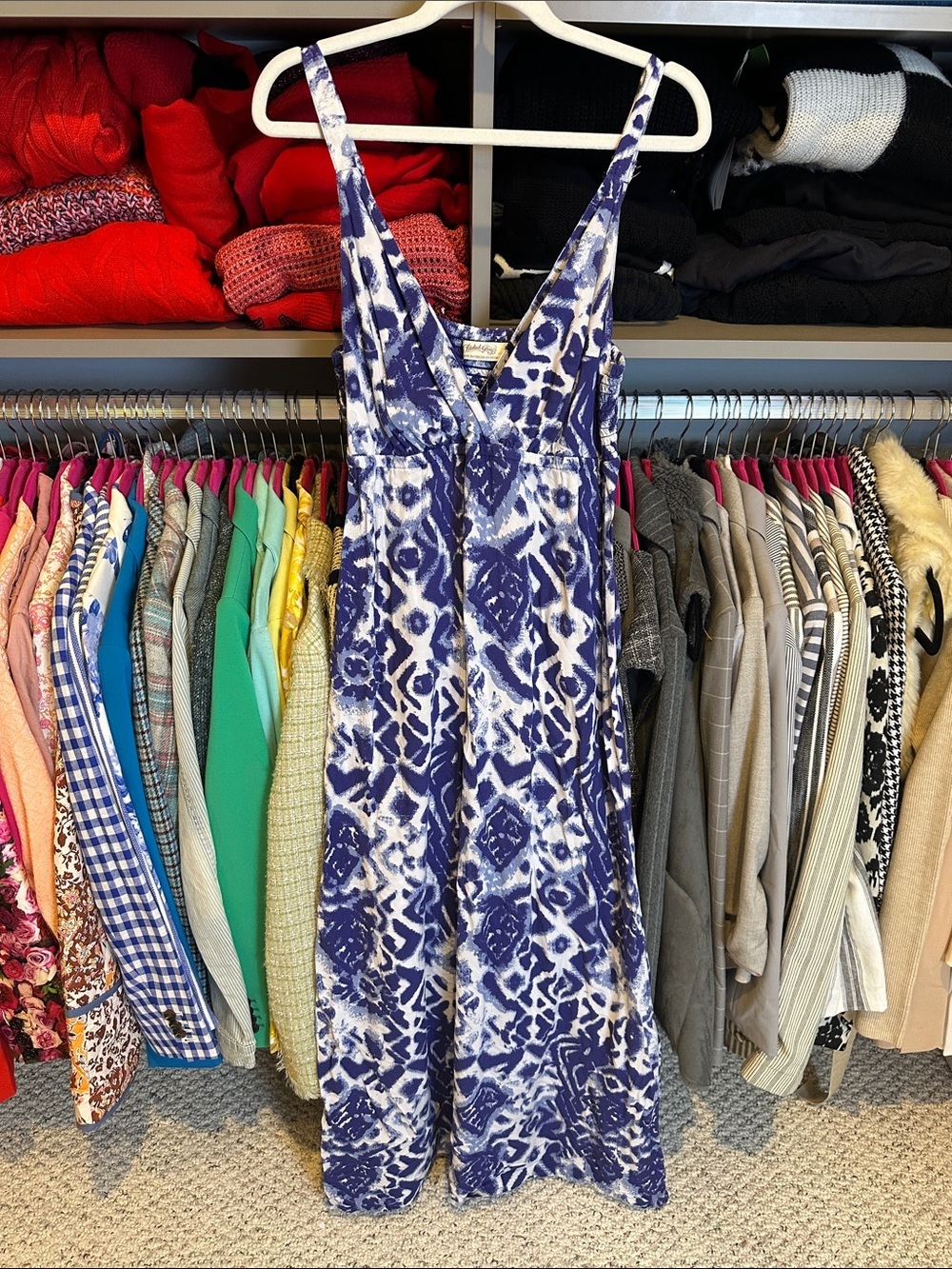 Faded Glory blue/white print adjustable strap smocked v neck maxi dress size M